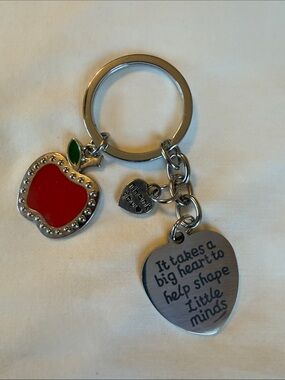 Apple Charm Keychain with Inspirational Heart Tag - Red & Green Accents